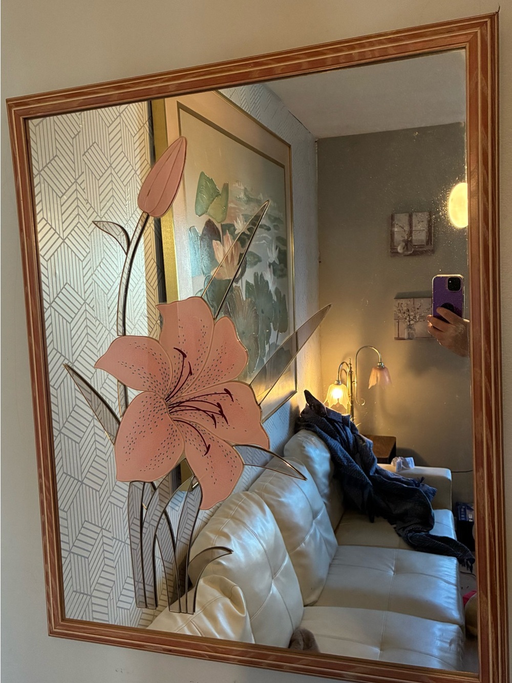 Rare high quality vintage lily floral wall mirror , 80s retro, cottage